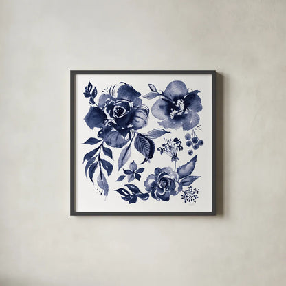 Delft Delight III DB No Words by Kristy Rice. Shown in a sleek black glass frame for a contemporary gallery look. Available as an archival giclee rolled canvas, fine art paper, or poster print. SKU 59156a.