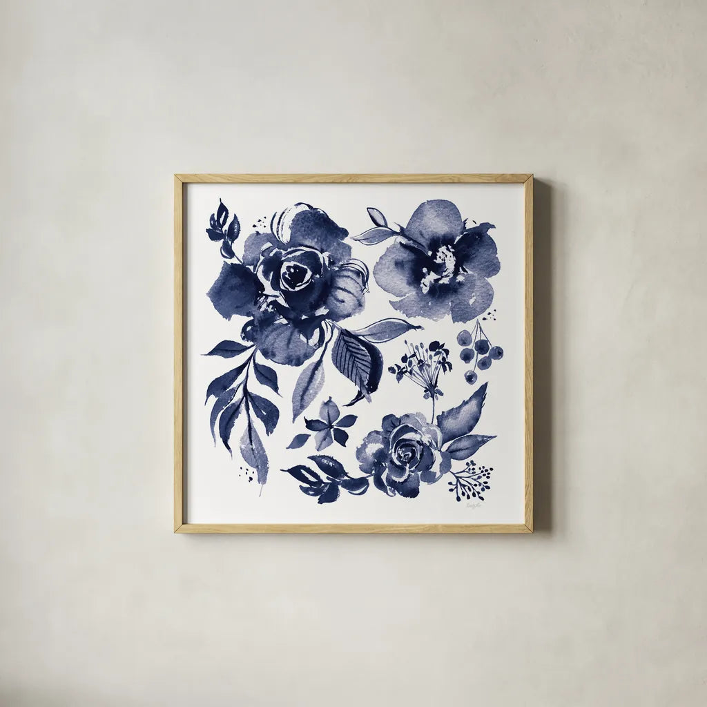 Delft Delight III DB No Words by Kristy Rice. Shown in a natural wood glass frame for a timeless modern aesthetic. Available as an archival giclee rolled canvas, fine art paper, or poster print. SKU 59156a.