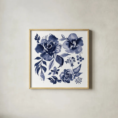 Delft Delight III DB No Words by Kristy Rice. Shown in a natural wood glass frame for a timeless modern aesthetic. Available as an archival giclee rolled canvas, fine art paper, or poster print. SKU 59156a.