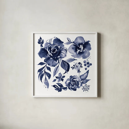 Delft Delight III DB No Words by Kristy Rice. Shown in a crisp white glass frame for a clean and minimalist style. Available as an archival giclee rolled canvas, fine art paper, or poster print. SKU 59156a.