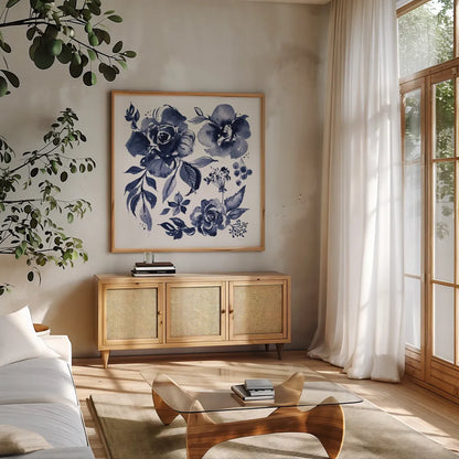 Delft Delight III DB No Words by Kristy Rice. Shown in a natural wood frame in a cozy modern living room. Available as an archival giclee rolled canvas, fine art paper, or poster print. SKU 59156a.