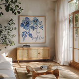 Delft Delight III Live by Kristy Rice. Shown in a natural wood frame in a cozy modern living room. Available as an archival giclee rolled canvas, fine art paper, or poster print. SKU 47426a.