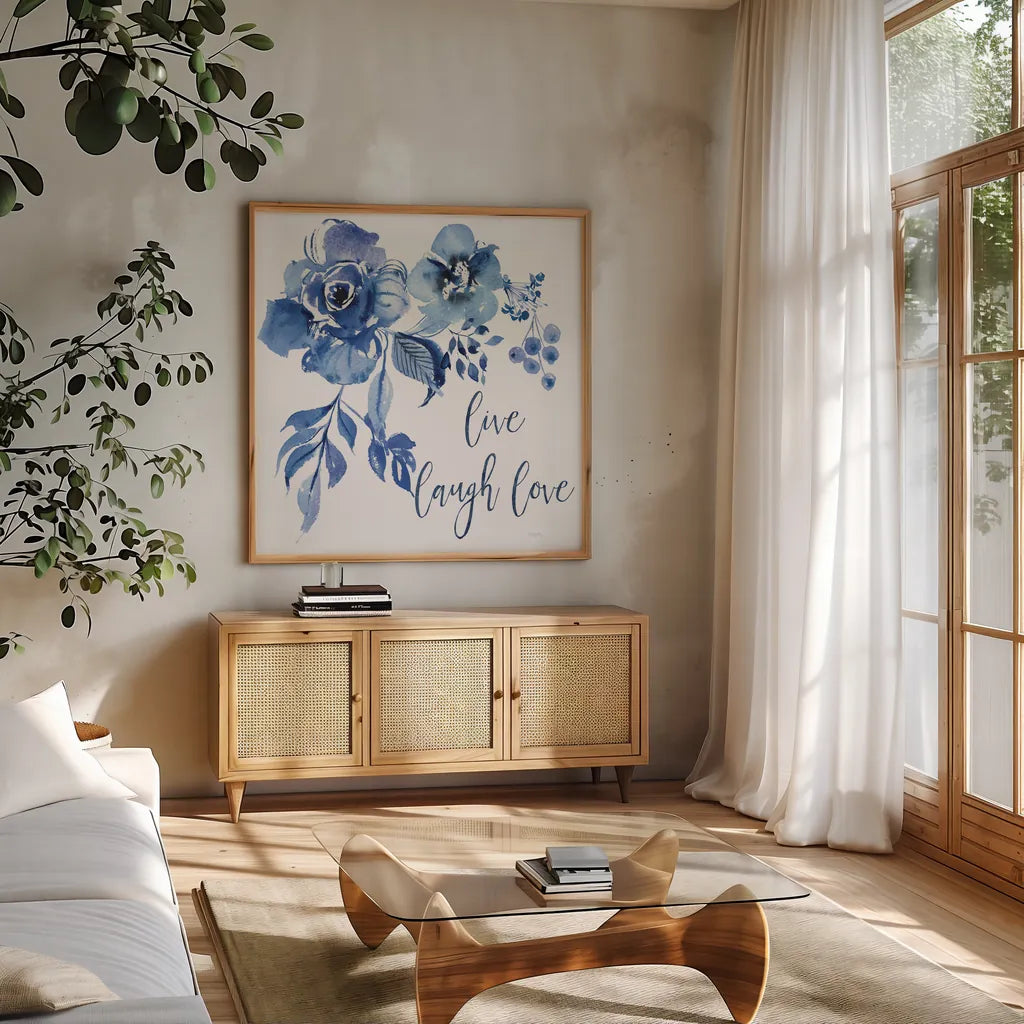 Delft Delight III Live by Kristy Rice. Shown in a natural wood frame in a cozy modern living room. Available as an archival giclee rolled canvas, fine art paper, or poster print. SKU 47426a.