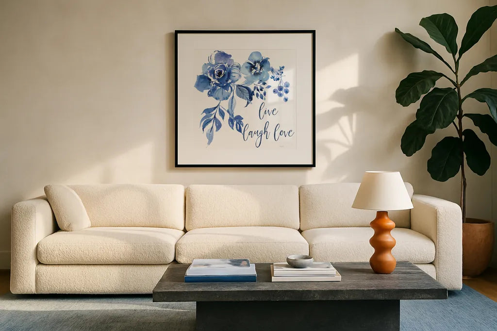Delft Delight III Live by Kristy Rice. Displayed in a glass frame with matte in a clean modern living room. Available as an archival giclee rolled canvas, fine art paper, or poster print. SKU 47426a.