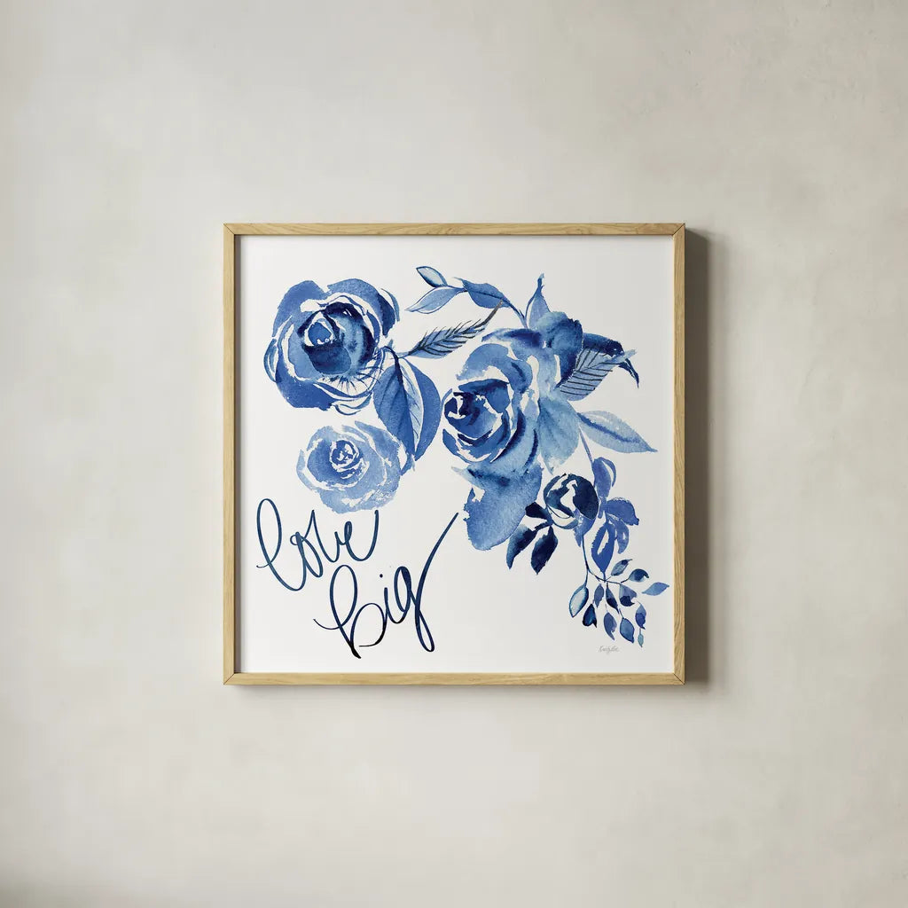Delft Delight IV by Kristy Rice. Shown in a natural wood glass frame for a timeless modern aesthetic. Available as an archival giclee rolled canvas, fine art paper, or poster print. SKU 43269a.