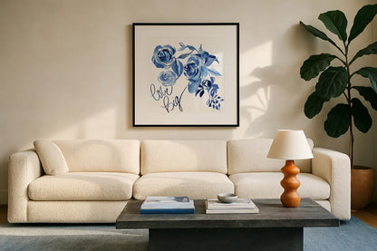 Delft Delight IV by Kristy Rice. Displayed in a glass frame with matte in a clean modern living room. Available as an archival giclee rolled canvas, fine art paper, or poster print. SKU 43269a.
