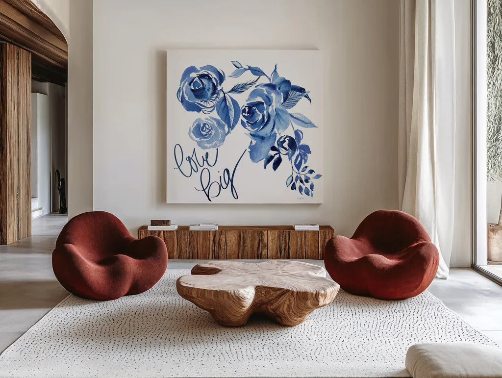 Delft Delight IV by Kristy Rice. Shown as extra-large giant wall art in a modern living room. Available as an archival giclee rolled canvas, fine art paper, or poster print. SKU 43269a.