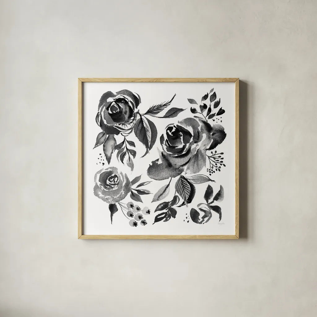 Delft Delight IV Black No Words by Kristy Rice. Shown in a natural wood glass frame for a timeless modern aesthetic. Available as an archival giclee rolled canvas, fine art paper, or poster print. SKU 66486a.
