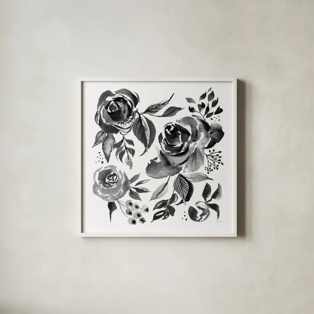 Delft Delight IV Black No Words by Kristy Rice. Shown in a crisp white glass frame for a clean and minimalist style. Available as an archival giclee rolled canvas, fine art paper, or poster print. SKU 66486a.