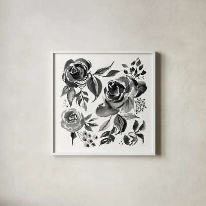 Delft Delight IV Black No Words by Kristy Rice. Shown in a crisp white glass frame for a clean and minimalist style. Available as an archival giclee rolled canvas, fine art paper, or poster print. SKU 66486a.