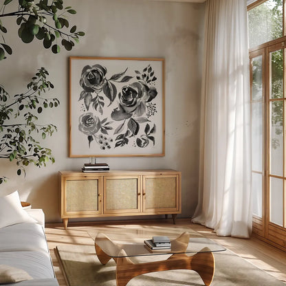 Delft Delight IV Black No Words by Kristy Rice. Shown in a natural wood frame in a cozy modern living room. Available as an archival giclee rolled canvas, fine art paper, or poster print. SKU 66486a.
