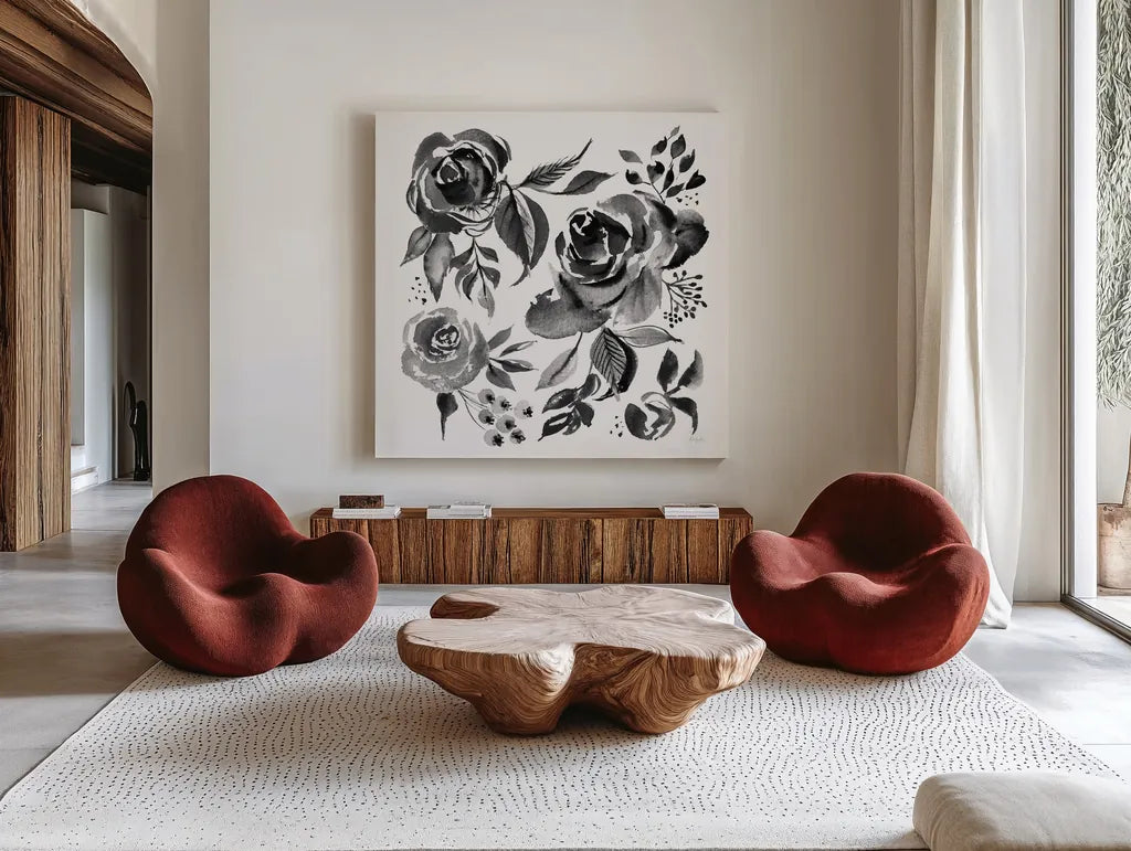 Delft Delight IV Black No Words by Kristy Rice. Shown as extra-large giant wall art in a modern living room. Available as an archival giclee rolled canvas, fine art paper, or poster print. SKU 66486a.
