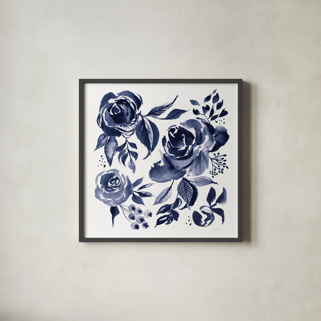 Delft Delight IV DB No Words by Kristy Rice. Shown in a sleek black glass frame for a contemporary gallery look. Available as an archival giclee rolled canvas, fine art paper, or poster print. SKU 59157a.