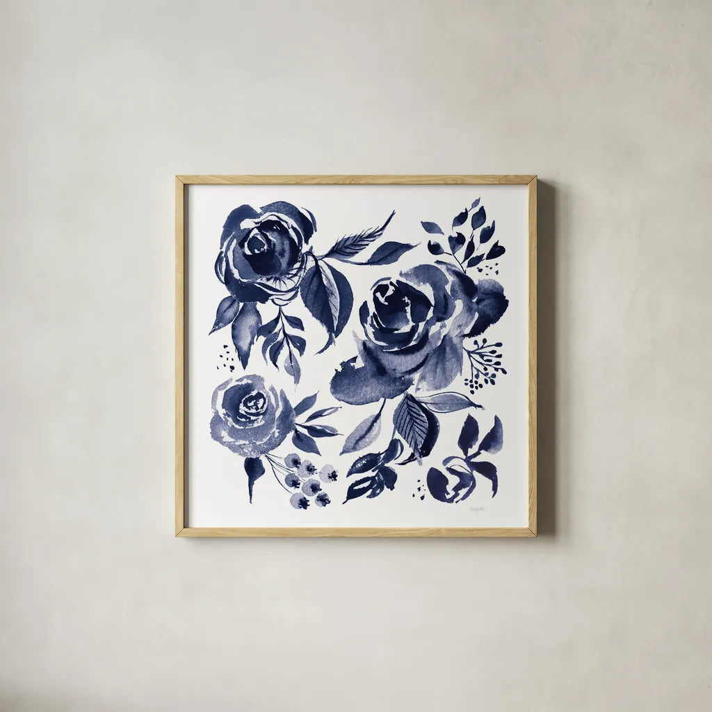 Delft Delight IV DB No Words by Kristy Rice. Shown in a natural wood glass frame for a timeless modern aesthetic. Available as an archival giclee rolled canvas, fine art paper, or poster print. SKU 59157a.