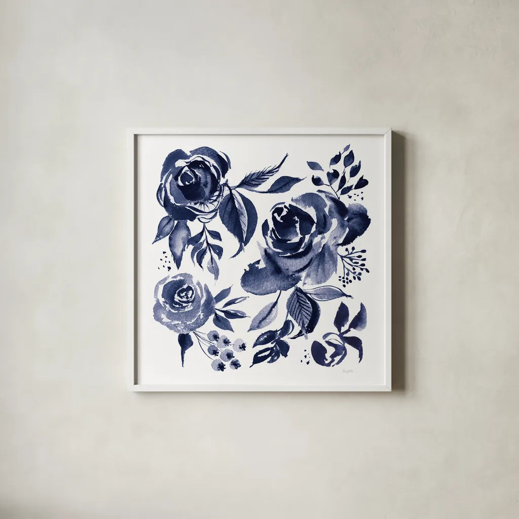 Delft Delight IV DB No Words by Kristy Rice. Shown in a crisp white glass frame for a clean and minimalist style. Available as an archival giclee rolled canvas, fine art paper, or poster print. SKU 59157a.