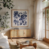 Delft Delight IV DB No Words by Kristy Rice. Shown in a natural wood frame in a cozy modern living room. Available as an archival giclee rolled canvas, fine art paper, or poster print. SKU 59157a.