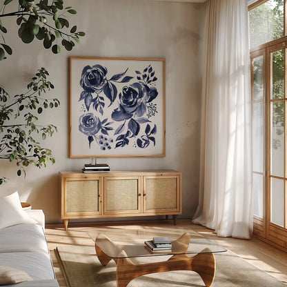 Delft Delight IV DB No Words by Kristy Rice. Shown in a natural wood frame in a cozy modern living room. Available as an archival giclee rolled canvas, fine art paper, or poster print. SKU 59157a.