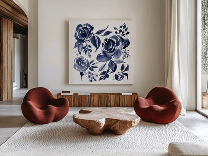 Delft Delight IV DB No Words by Kristy Rice. Shown as extra-large giant wall art in a modern living room. Available as an archival giclee rolled canvas, fine art paper, or poster print. SKU 59157a.