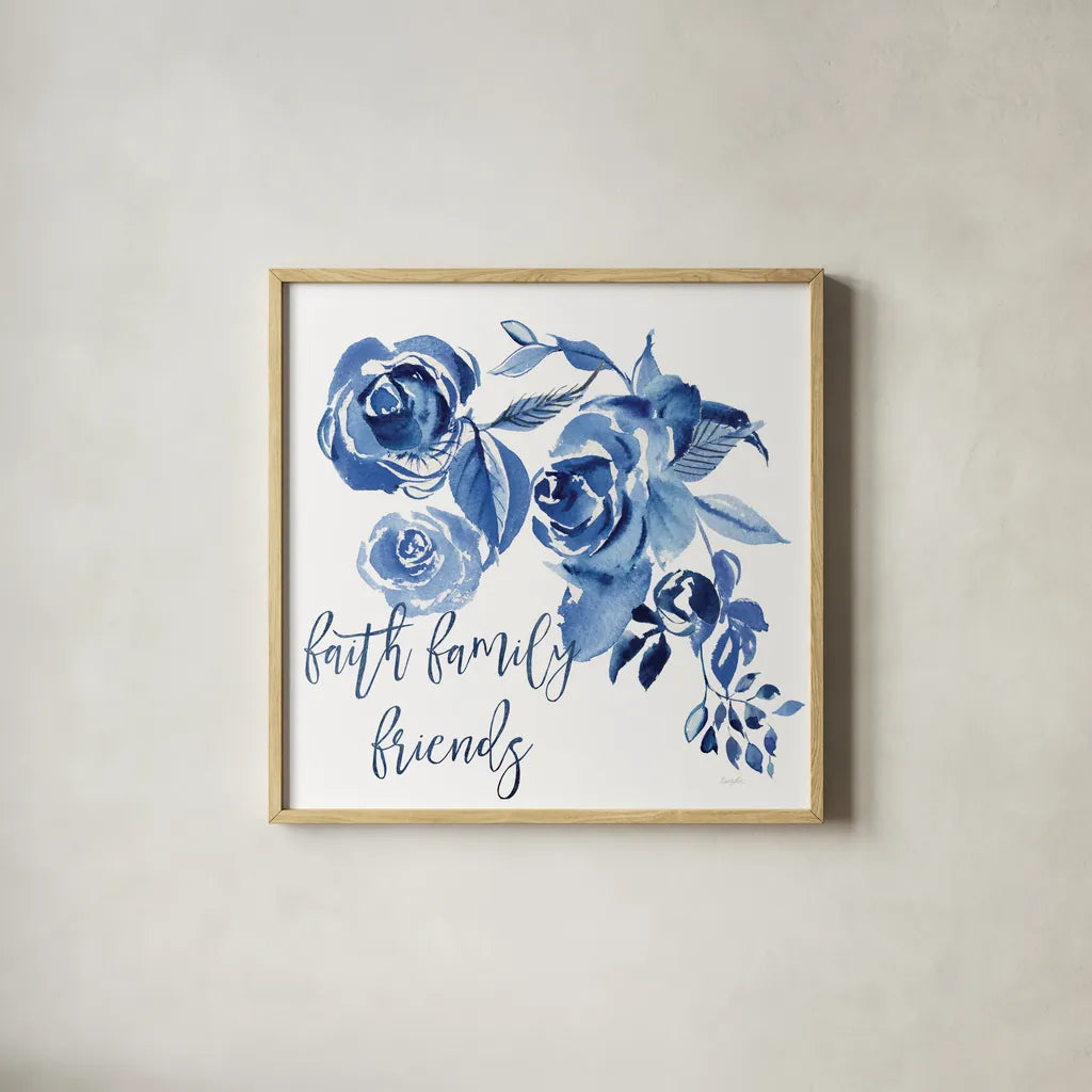 Delft Delight IV Faith by Kristy Rice. Shown in a natural wood glass frame for a timeless modern aesthetic. Available as an archival giclee rolled canvas, fine art paper, or poster print. SKU 47427a.