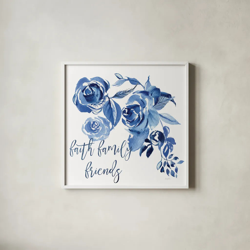 Delft Delight IV Faith by Kristy Rice. Shown in a crisp white glass frame for a clean and minimalist style. Available as an archival giclee rolled canvas, fine art paper, or poster print. SKU 47427a.