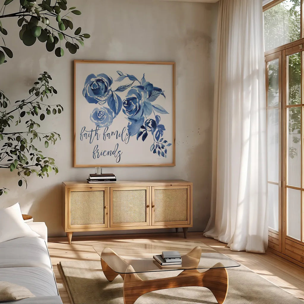 Delft Delight IV Faith by Kristy Rice. Shown in a natural wood frame in a cozy modern living room. Available as an archival giclee rolled canvas, fine art paper, or poster print. SKU 47427a.