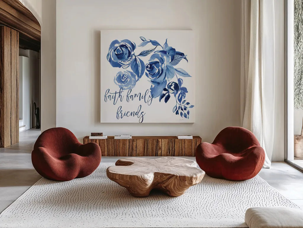 Delft Delight IV Faith by Kristy Rice. Shown as extra-large giant wall art in a modern living room. Available as an archival giclee rolled canvas, fine art paper, or poster print. SKU 47427a.