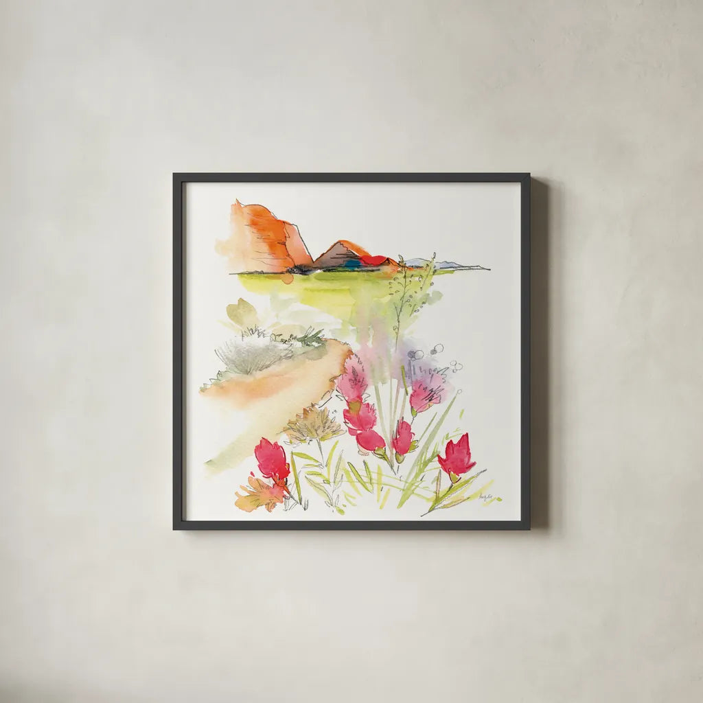Desert Blooming by Kristy Rice. Shown in a sleek black glass frame for a contemporary gallery look. Available as an archival giclee rolled canvas, fine art paper, or poster print. SKU 90384a.
