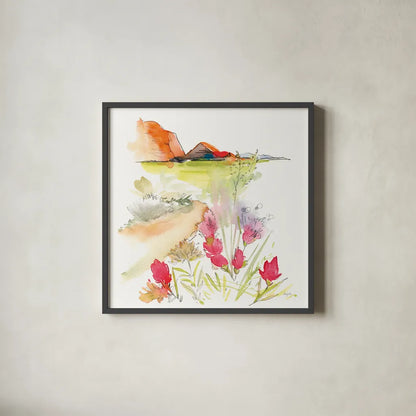 Desert Blooming by Kristy Rice. Shown in a sleek black glass frame for a contemporary gallery look. Available as an archival giclee rolled canvas, fine art paper, or poster print. SKU 90384a.