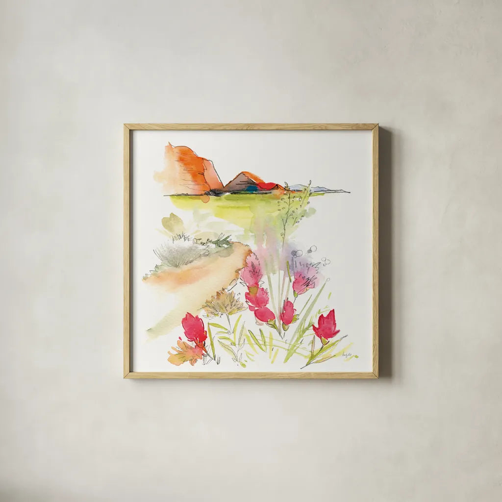 Desert Blooming by Kristy Rice. Shown in a natural wood glass frame for a timeless modern aesthetic. Available as an archival giclee rolled canvas, fine art paper, or poster print. SKU 90384a.