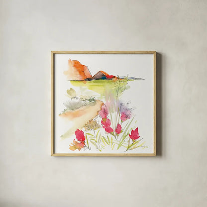 Desert Blooming by Kristy Rice. Shown in a natural wood glass frame for a timeless modern aesthetic. Available as an archival giclee rolled canvas, fine art paper, or poster print. SKU 90384a.