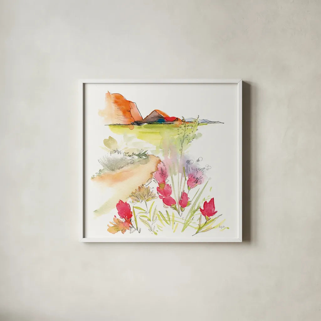 Desert Blooming by Kristy Rice. Shown in a crisp white glass frame for a clean and minimalist style. Available as an archival giclee rolled canvas, fine art paper, or poster print. SKU 90384a.
