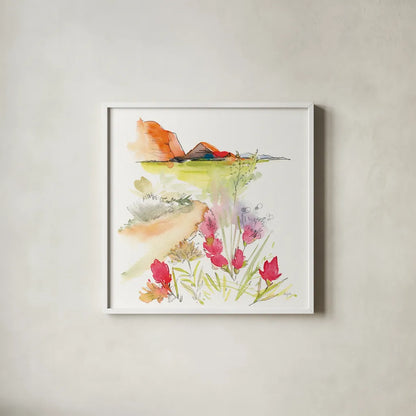 Desert Blooming by Kristy Rice. Shown in a crisp white glass frame for a clean and minimalist style. Available as an archival giclee rolled canvas, fine art paper, or poster print. SKU 90384a.