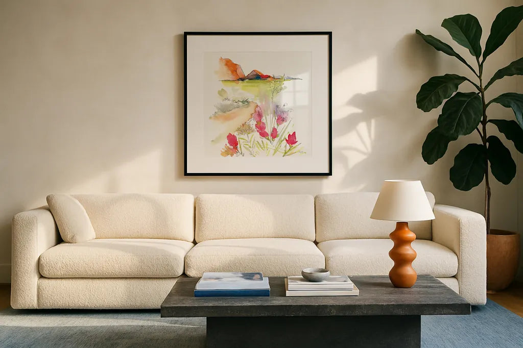 Desert Blooming by Kristy Rice. Displayed in a glass frame with matte in a clean modern living room. Available as an archival giclee rolled canvas, fine art paper, or poster print. SKU 90384a.