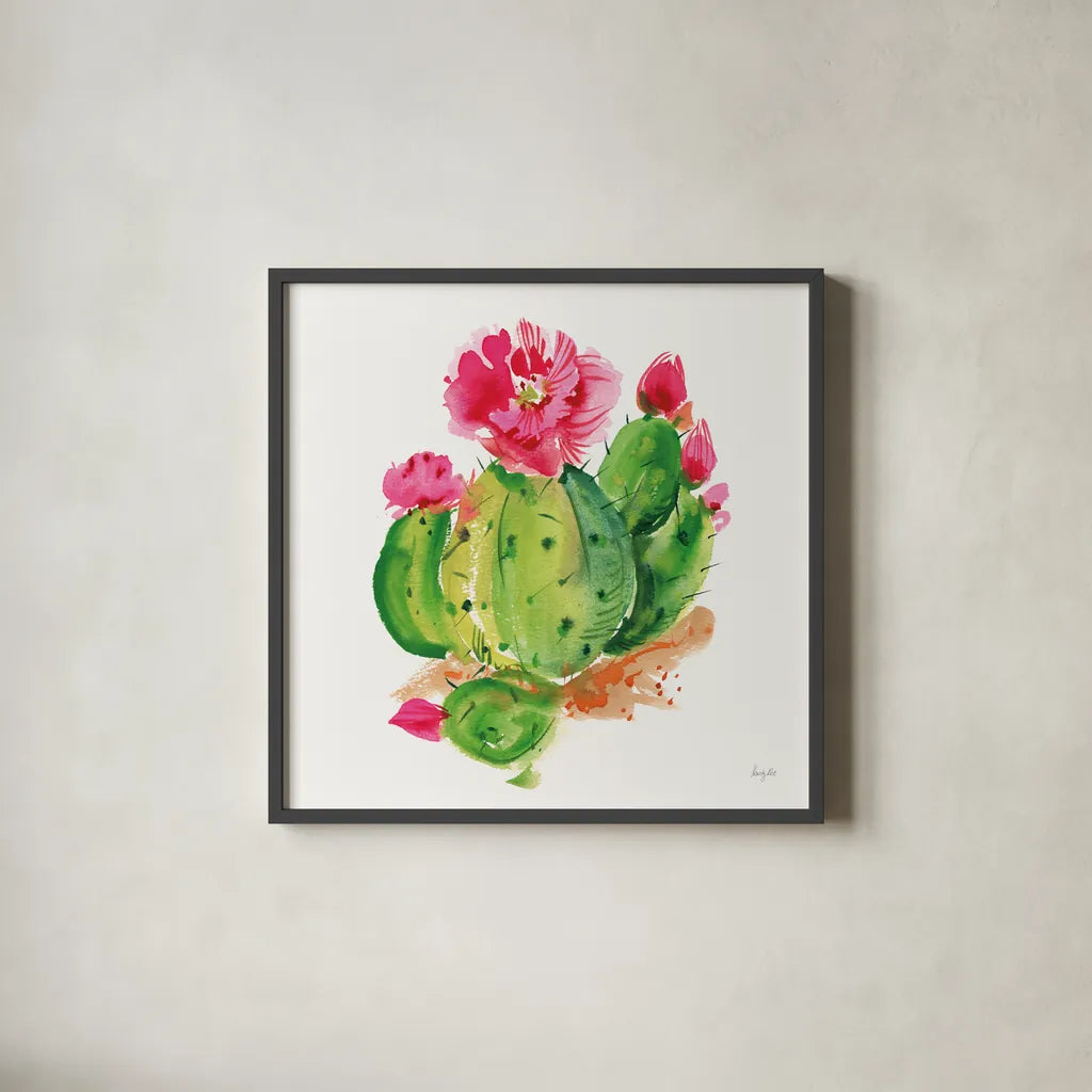Desert Echinopsis by Kristy Rice. Shown in a sleek black glass frame for a contemporary gallery look. Available as an archival giclee rolled canvas, fine art paper, or poster print. SKU 90500a.