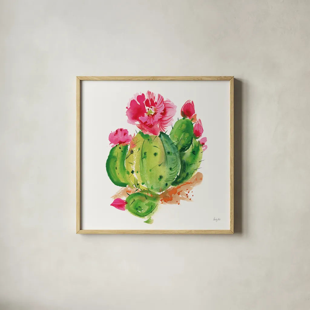 Desert Echinopsis by Kristy Rice. Shown in a natural wood glass frame for a timeless modern aesthetic. Available as an archival giclee rolled canvas, fine art paper, or poster print. SKU 90500a.