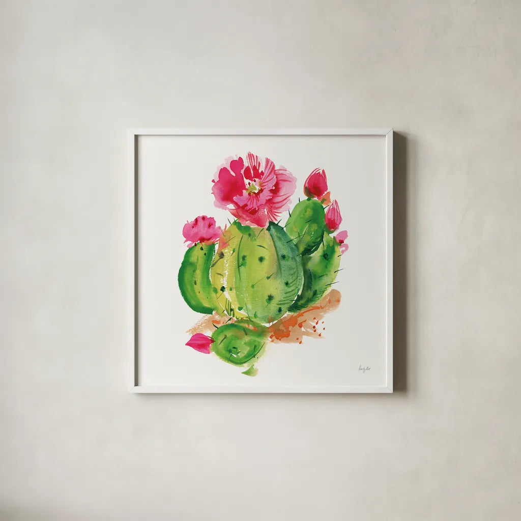 Desert Echinopsis by Kristy Rice. Shown in a crisp white glass frame for a clean and minimalist style. Available as an archival giclee rolled canvas, fine art paper, or poster print. SKU 90500a.