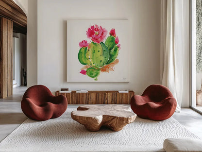 Desert Echinopsis by Kristy Rice. Shown as extra-large giant wall art in a modern living room. Available as an archival giclee rolled canvas, fine art paper, or poster print. SKU 90500a.