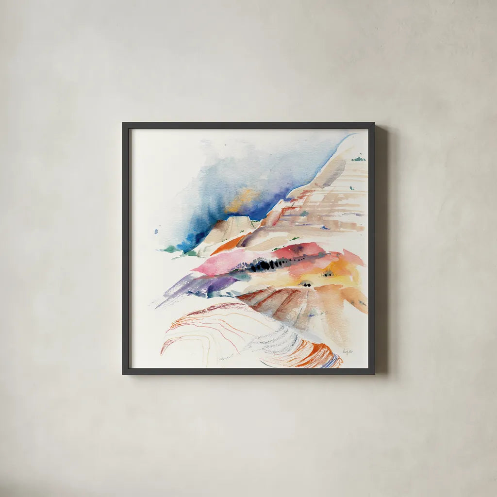 Desert Hike by Kristy Rice. Shown in a sleek black glass frame for a contemporary gallery look. Available as an archival giclee rolled canvas, fine art paper, or poster print. SKU 93994a.