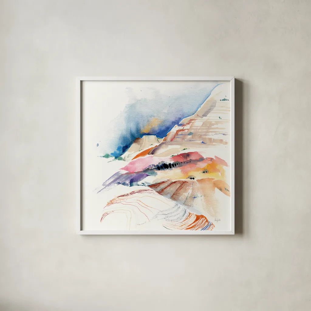 Desert Hike by Kristy Rice. Shown in a crisp white glass frame for a clean and minimalist style. Available as an archival giclee rolled canvas, fine art paper, or poster print. SKU 93994a.