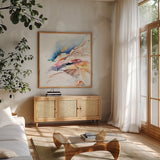 Desert Hike by Kristy Rice. Shown in a natural wood frame in a cozy modern living room. Available as an archival giclee rolled canvas, fine art paper, or poster print. SKU 93994a.