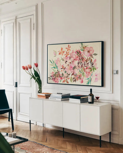 Dogwood Spring by Kristy Rice. shown as a framed stretched canvas in a living room above a console. Available as a archival giclee rolled canvas, fine art paper, or poster print. SKU 59823i.