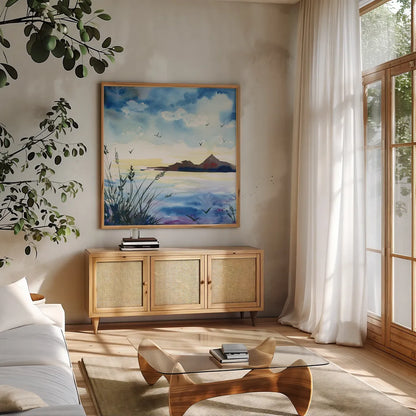 Dusk by Kristy Rice. Shown in a natural wood frame in a cozy modern living room. Available as an archival giclee rolled canvas, fine art paper, or poster print. SKU 90387a.
