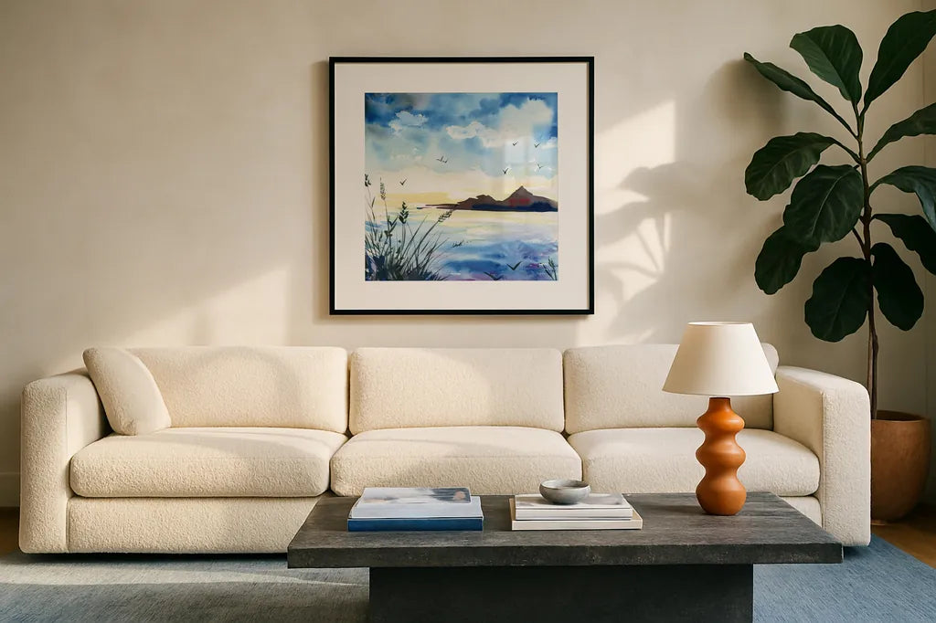 Dusk by Kristy Rice. Displayed in a glass frame with matte in a clean modern living room. Available as an archival giclee rolled canvas, fine art paper, or poster print. SKU 90387a.