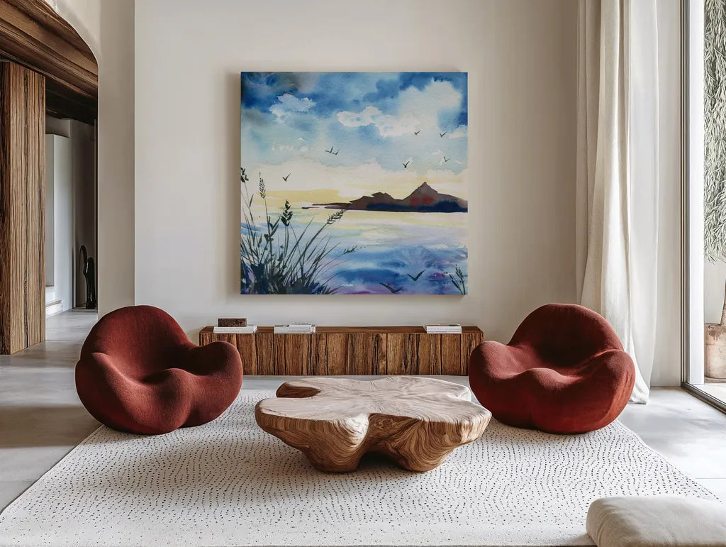 Dusk by Kristy Rice. Shown as extra-large giant wall art in a modern living room. Available as an archival giclee rolled canvas, fine art paper, or poster print. SKU 90387a.