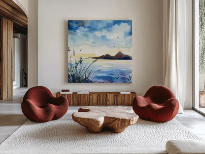 Dusk by Kristy Rice. Shown as extra-large giant wall art in a modern living room. Available as an archival giclee rolled canvas, fine art paper, or poster print. SKU 90387a.