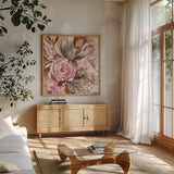 Earthy Rose by Kristy Rice. Shown in a natural wood frame in a cozy modern living room. Available as an archival giclee rolled canvas, fine art paper, or poster print. SKU 102091a.