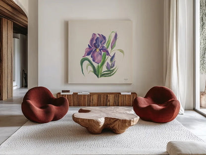 Easter Bloom II by Kristy Rice. Shown as extra-large giant wall art in a modern living room. Available as an archival giclee rolled canvas, fine art paper, or poster print. SKU 87619a.