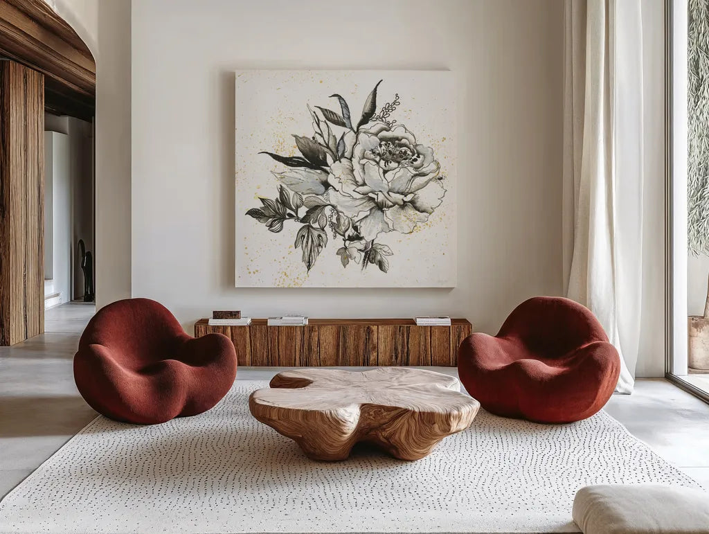 Elegance II by Kristy Rice. Shown as extra-large giant wall art in a modern living room. Available as an archival giclee rolled canvas, fine art paper, or poster print. SKU 58129a.