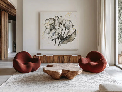 Elegance III by Kristy Rice. Shown as extra-large giant wall art in a modern living room. Available as an archival giclee rolled canvas, fine art paper, or poster print. SKU 58130a.