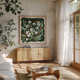 Evening Paperwhites by Kristy Rice. Shown in a natural wood frame in a cozy modern living room. Available as an archival giclee rolled canvas, fine art paper, or poster print. SKU 99191a.